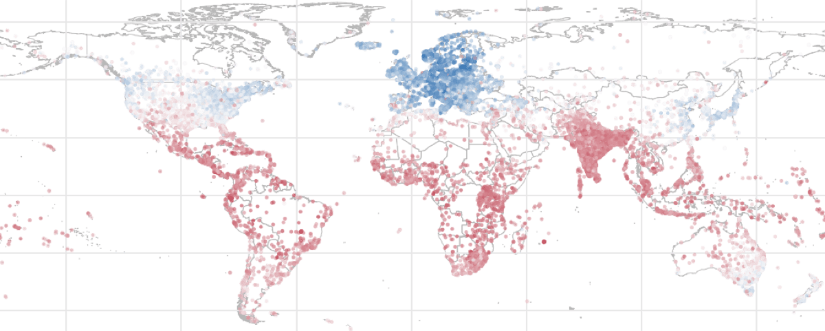 Activations of an absolute-latitude neuron across world places