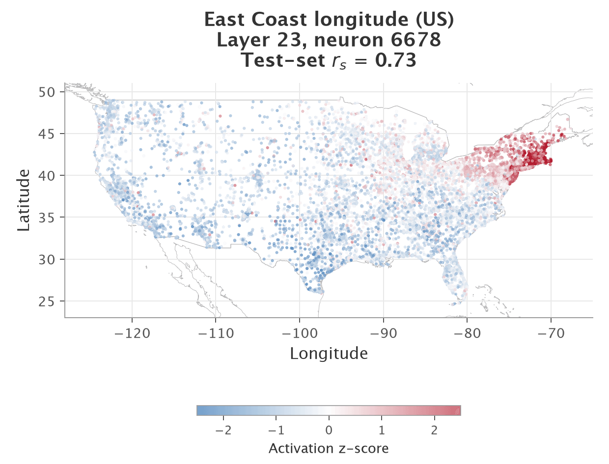 Activation map for the US East Coast longitude neuron