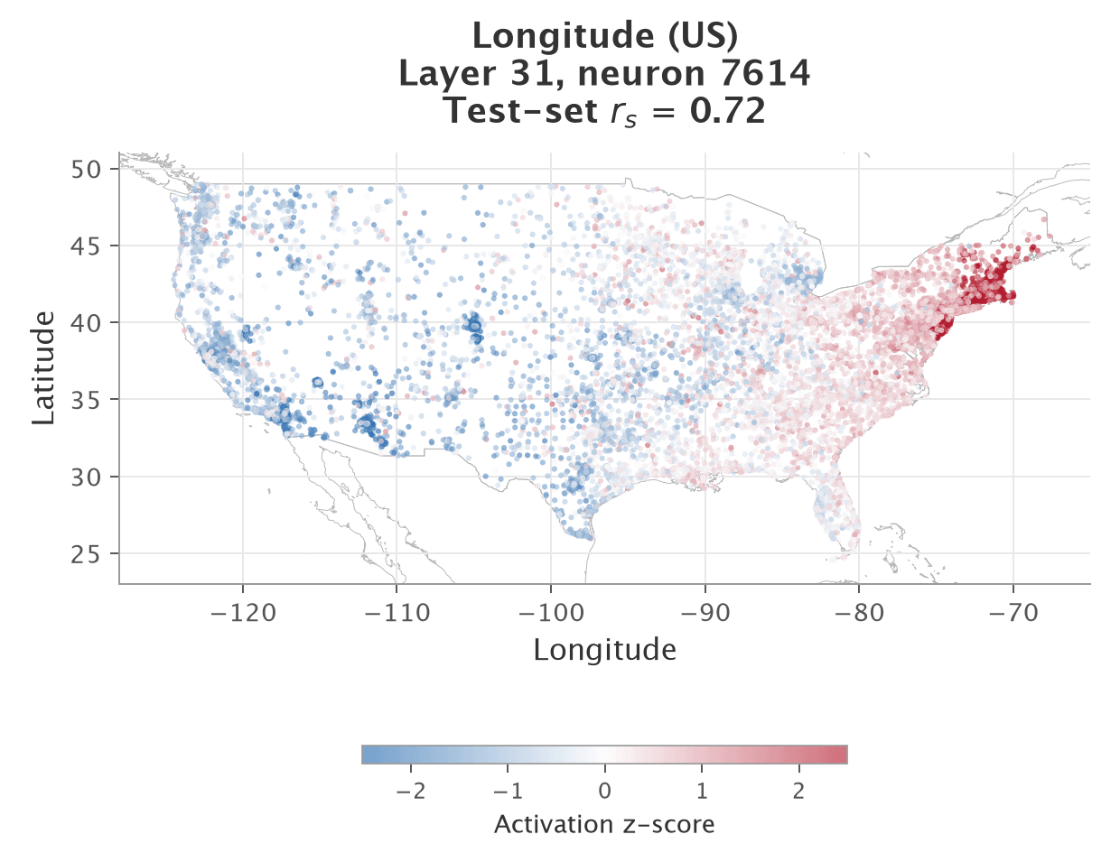 Activation map for the US longitude neuron
